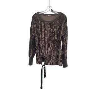 Mystree Womens Velour Pullover Top Tie Hem Long Sleeve Rhinestone Brown/Multi S